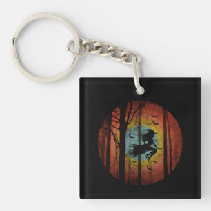 WITCH ON BROOM  IN THE WOODS FOREST KEY RING