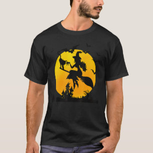Witch on Broom Moon Cat and Bats Halloween T-Shirt