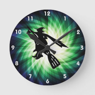 Witch on Broom Silhouette Round Clock