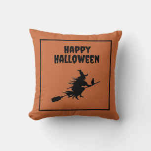 Witch on Broom with Cat Halloween Cushion