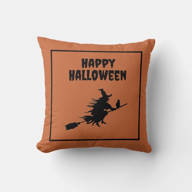 Witch on Broom with Cat Halloween Cushion (Front)