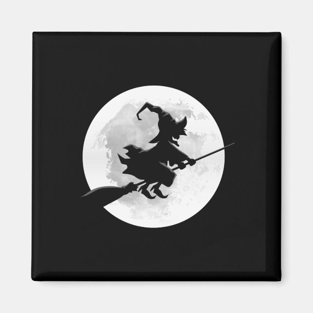 Witch on broom with full moon funny design for magnet (Front)