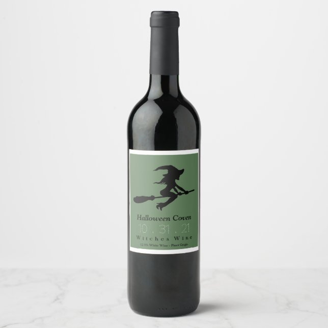 Witch on Broomstick, Halloween Wine Label (Front)