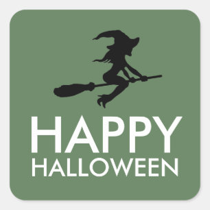 Witch On Broomstick, Happy Halloween Square Sticker
