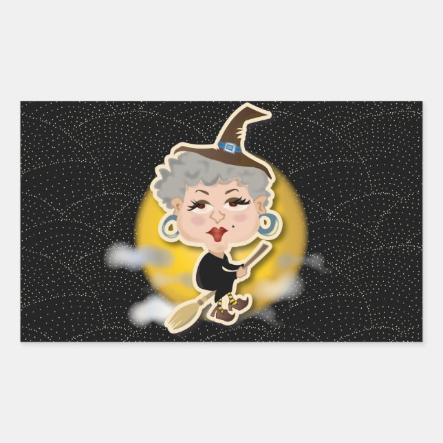 Witch On Broomstick Rectangular Sticker (Front)