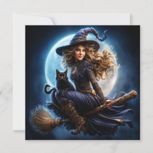 Witch on Broomstick with Black Cat Card