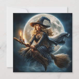 Witch on Broomstick with Black Cat Card
