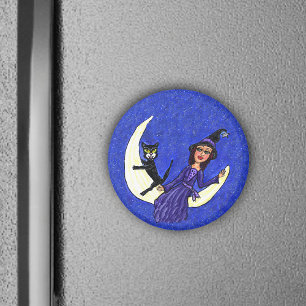 Witch On Crescent Moon Black Cat Magnet