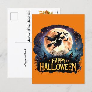 Witch on flying Broom - Happy Halloween Holiday Postcard