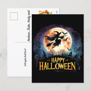 Witch on flying Broom - Happy Halloween Holiday Postcard