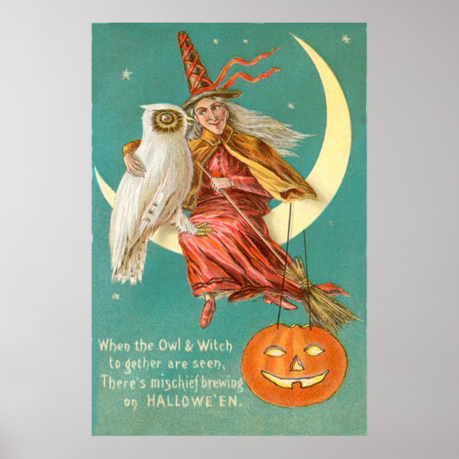 Witch Owl Crescent Moon Jack O Lantern Poster (Front)