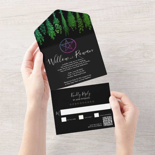 Witch Pagan Black Green All in One Wedding Invite (Tearaway)