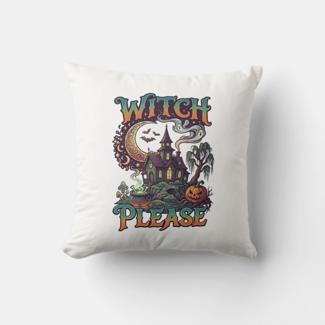 Witch Please Haunted House Crescent Moon Cauldron  Cushion (Front)