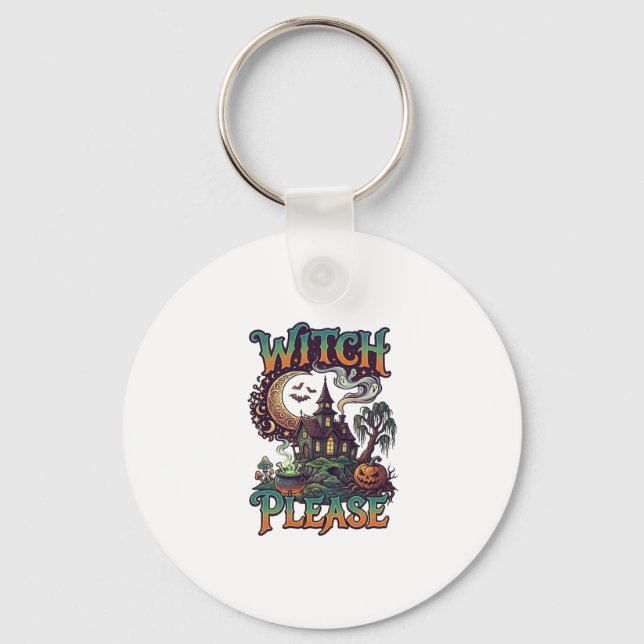 Witch Please Haunted House Crescent Moon Cauldron  Key Ring (Front)