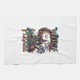 Witch Please Haunted House Crescent Moon Cauldron  Tea Towel