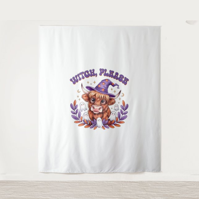 Witch Please Highland Cow Halloween Tapestry (Front)