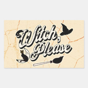 Witch Please, Vintage Halloween Black Cat & Broom Rectangular Sticker