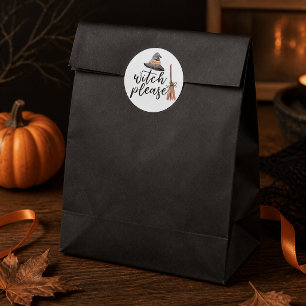 Witch Please Watercolor Hat and Broom Halloween Classic Round Sticker