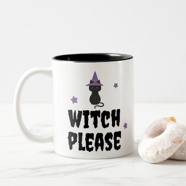 Witch Please with Cute Little Black Cat Halloween Two-Tone Coffee Mug (With Donut)
