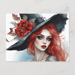 Witch Pretty Girl Red Flower Magical Postcard
