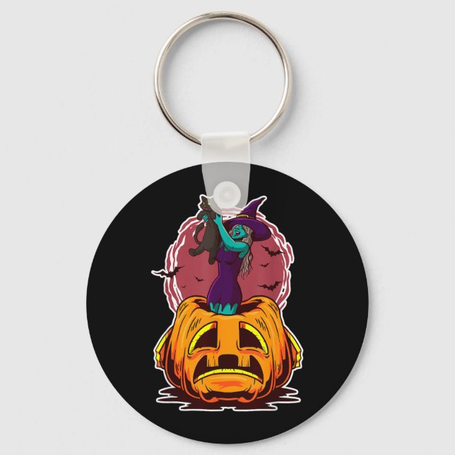 Witch Pumpkin Black Cat Y Spooky Sorcerer Key Ring (Front)