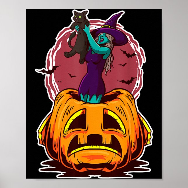 Witch Pumpkin Black Cat Y Spooky Sorcerer Poster (Front)