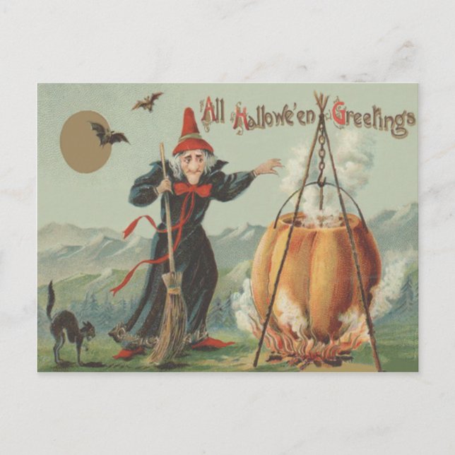 Witch Pumpkin Cauldron Black Cat Spell Postcard (Front)