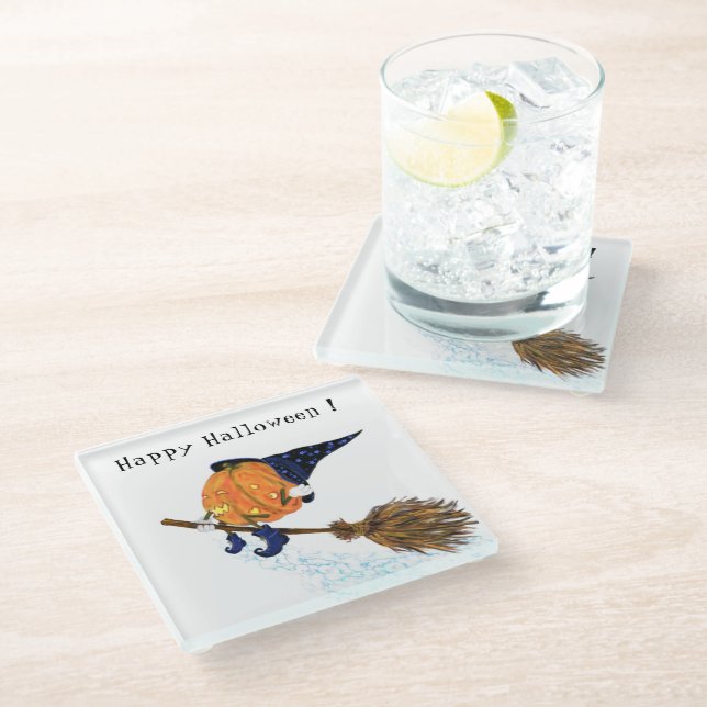 Witch Pumpkin Halloween Glass Coaster (Angled)