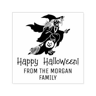 Witch & Pumpkin Silhouette Happy Halloween Name Self-inking Stamp