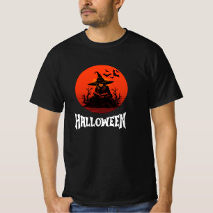 Witch Reading Spell Book Halloween Red Full Moon T-Shirt