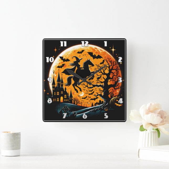 Witch riding a horse against a Halloween moon Square Wall Clock (Home)