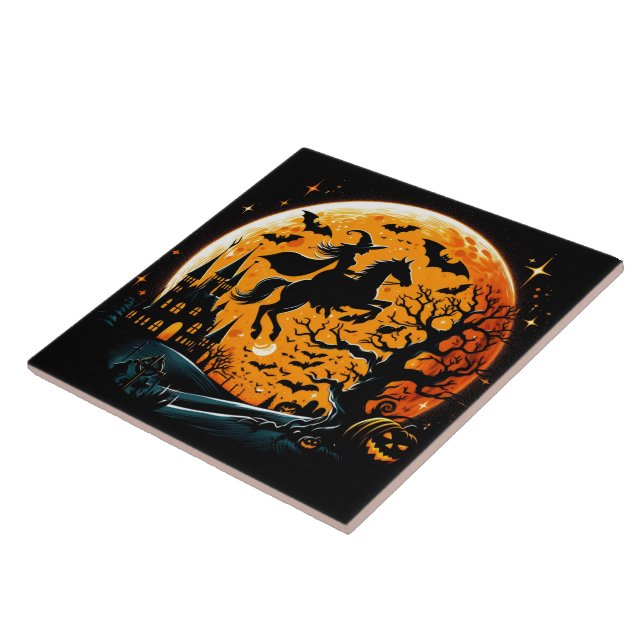 Witch riding a horse against a Halloween moon Tile (Side)