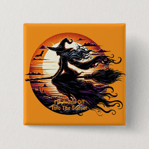 Witch riding Broom in sunset art illustration 15 Cm Square Badge