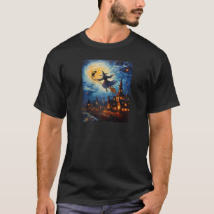 Witch Riding Brooms Halloween Starry Night Van Gog T-Shirt