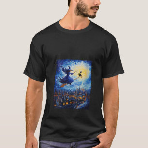 Witch Riding Brooms Halloween Starry Night Van Gog T-Shirt