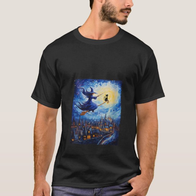 Witch Riding Brooms Halloween Starry Night Van Gog T-Shirt (Front)