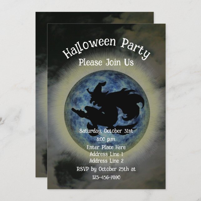 Witch Riding Broomstick Halloween  Invitation (Front/Back)