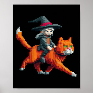 Witch Riding Cat Pixelated Gaming Art Design Block Poster