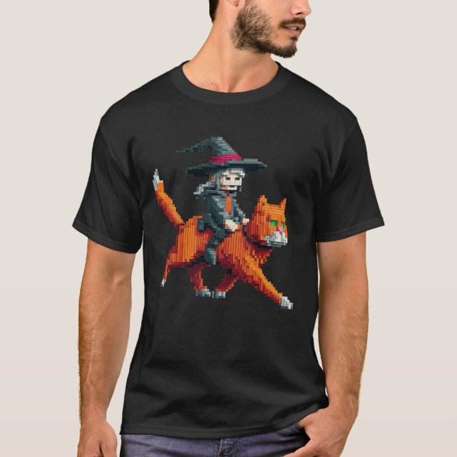 Witch Riding Cat Pixelated Gaming Art Design Block T-Shirt (Front)