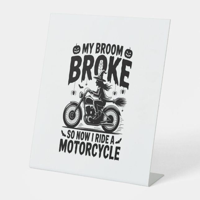Witch Riding Motorcycle Halloween Pedestal Sign (Front)