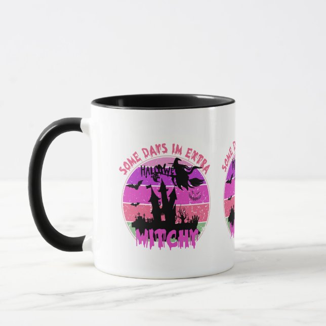 Witch Silhouette Castle - Retro Sunset Halloween Mug (Left)