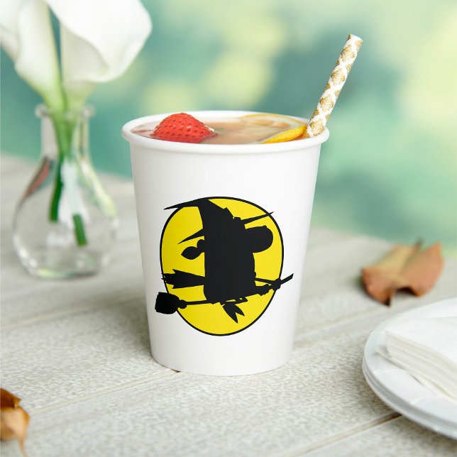 Witch Silhouette Flying on Broom Against Full Moon Paper Cups (Creator Uploaded)