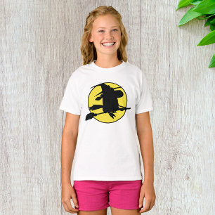 Witch Silhouette Flying on Broom Against Full Moon T-Shirt