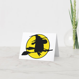 Witch Silhouette Flying on Broom Against Full Moon Thank You Card