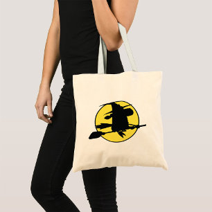 Witch Silhouette Flying on Broom Against Full Moon Tote Bag