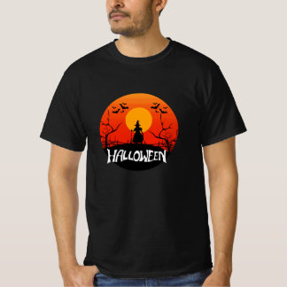 Witch Silhouette Orange Sunset Moon Halloween T-Shirt