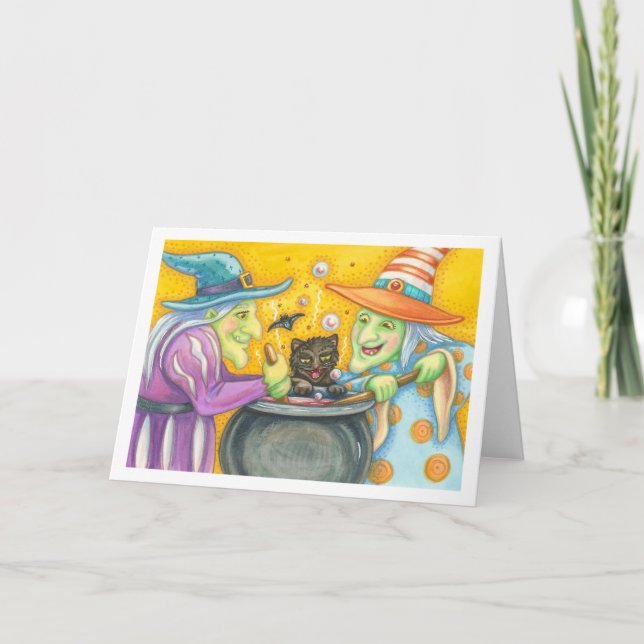 WITCH SISTERS AND BLACK CAT, Greeting Card Blank (Front)