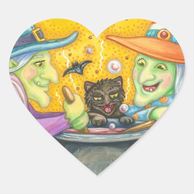 WITCH SISTERS AND BLACK CAT STICKERS Heart Sheet (Front)