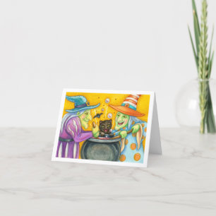 WITCH SISTERS, BLACK CAT & HALLOWEEN BREW CARD