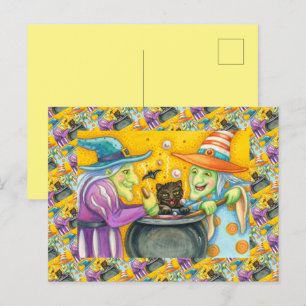 WITCH SISTERS, BLACK CAT & HALLOWEEN BREW HOLIDAY POSTCARD